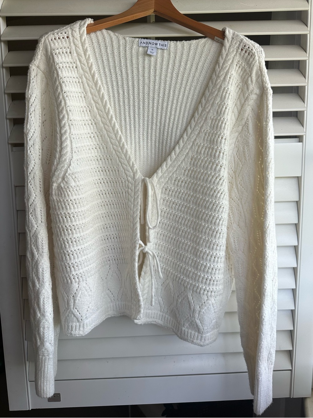 And Now This Cream Open-Knit V-Neck Tie-Front Sweater